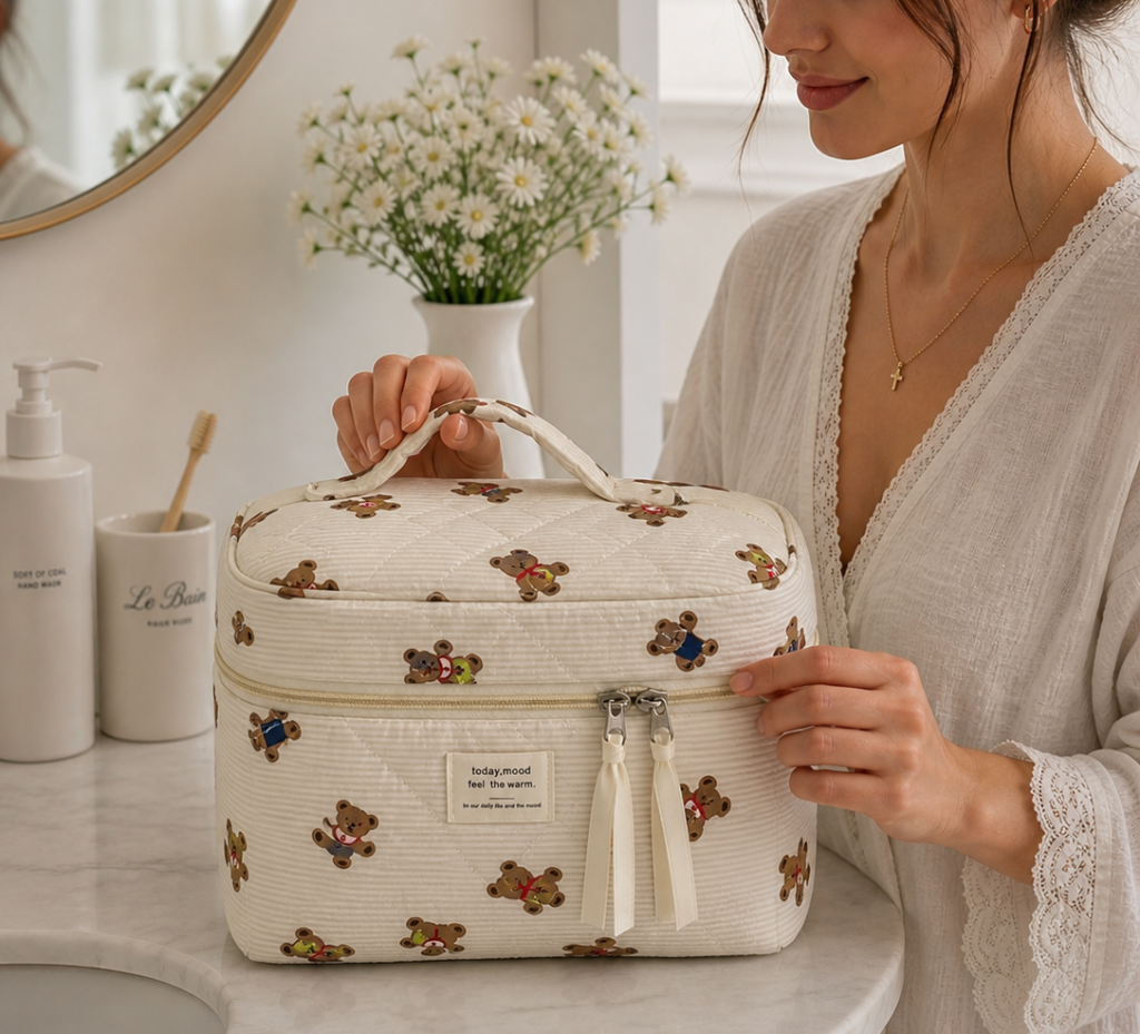 Femme avec trousse de toilette Vanity ourson