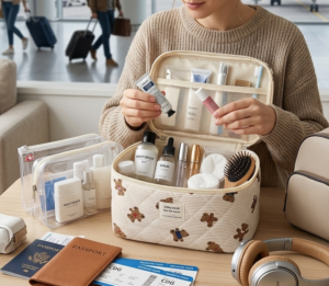 Jeune femme qui trie sa trousse de toilette a l'aéroport