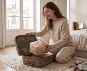 Jeune fille qui sa valise avec sa trousse de toilette