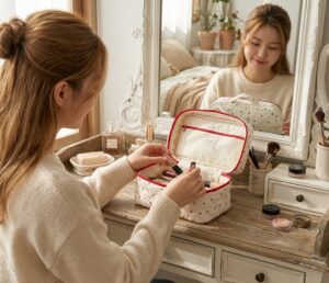 jeune femme qui range sa Vanity sur sa coiffeuse